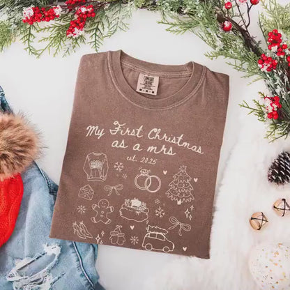 Custom Newlywed Wife Christmas Comfort Colors Shirt, First Christmas Married, Personalized Wifey Xmas Tee, Just Married Christmas Gifts