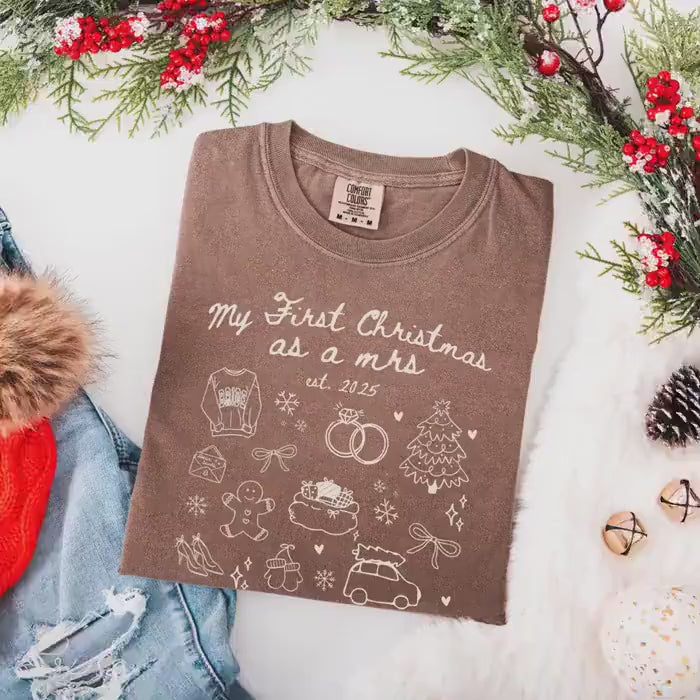 Custom Newlywed Wife Christmas Comfort Colors Shirt, First Christmas Married, Personalized Wifey Xmas Tee, Just Married Christmas Gifts