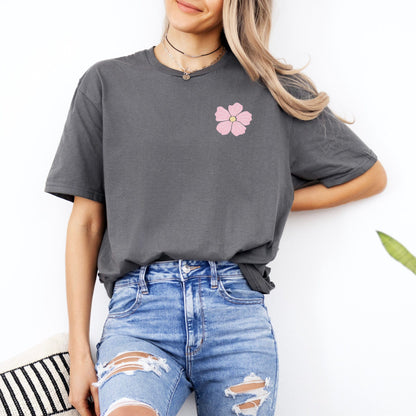 Mother of a Warrior Boho Shirt gray tee by Maddy and George Designs with pink flower print tucked front paired with ripped jeans
