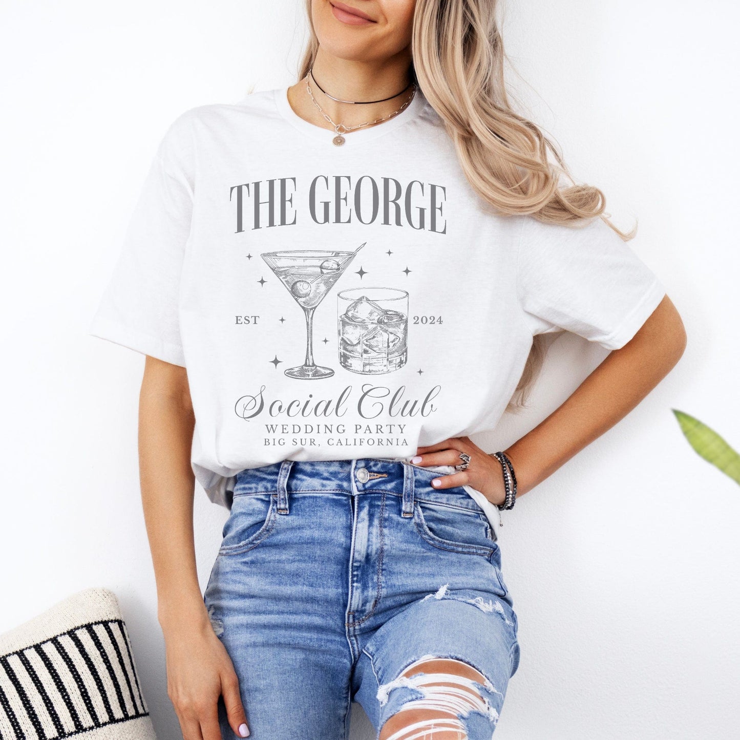 Custom Wedding Party Shirt white tee with vintage martini and rocks glass design worn with distressed jeans