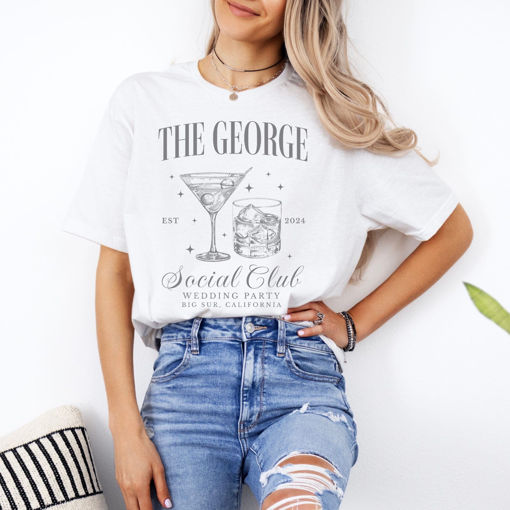 Custom Wedding Party Shirt white tee with vintage martini and rocks glass design worn with distressed jeans
