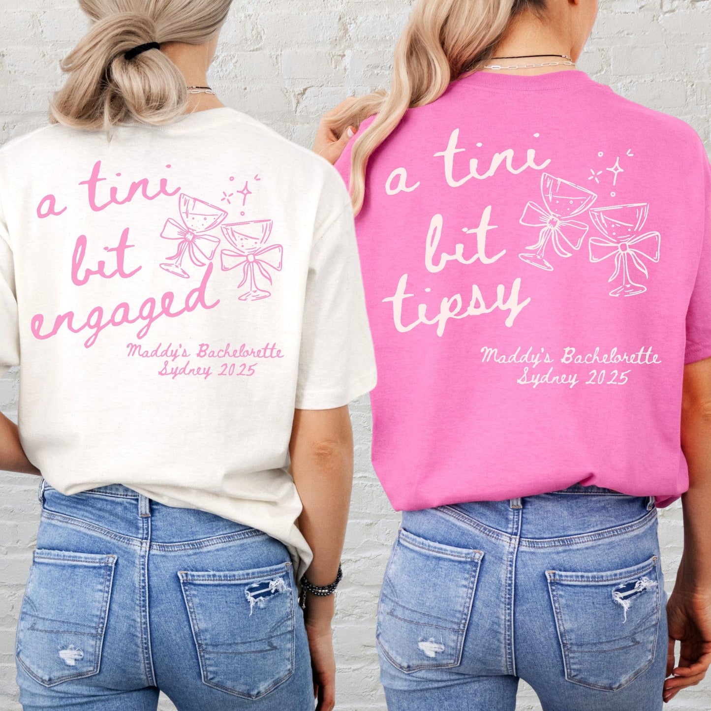 Pink and white custom backprint t shirts with martini glass graphic and script text Martini Bachelorette Shirts