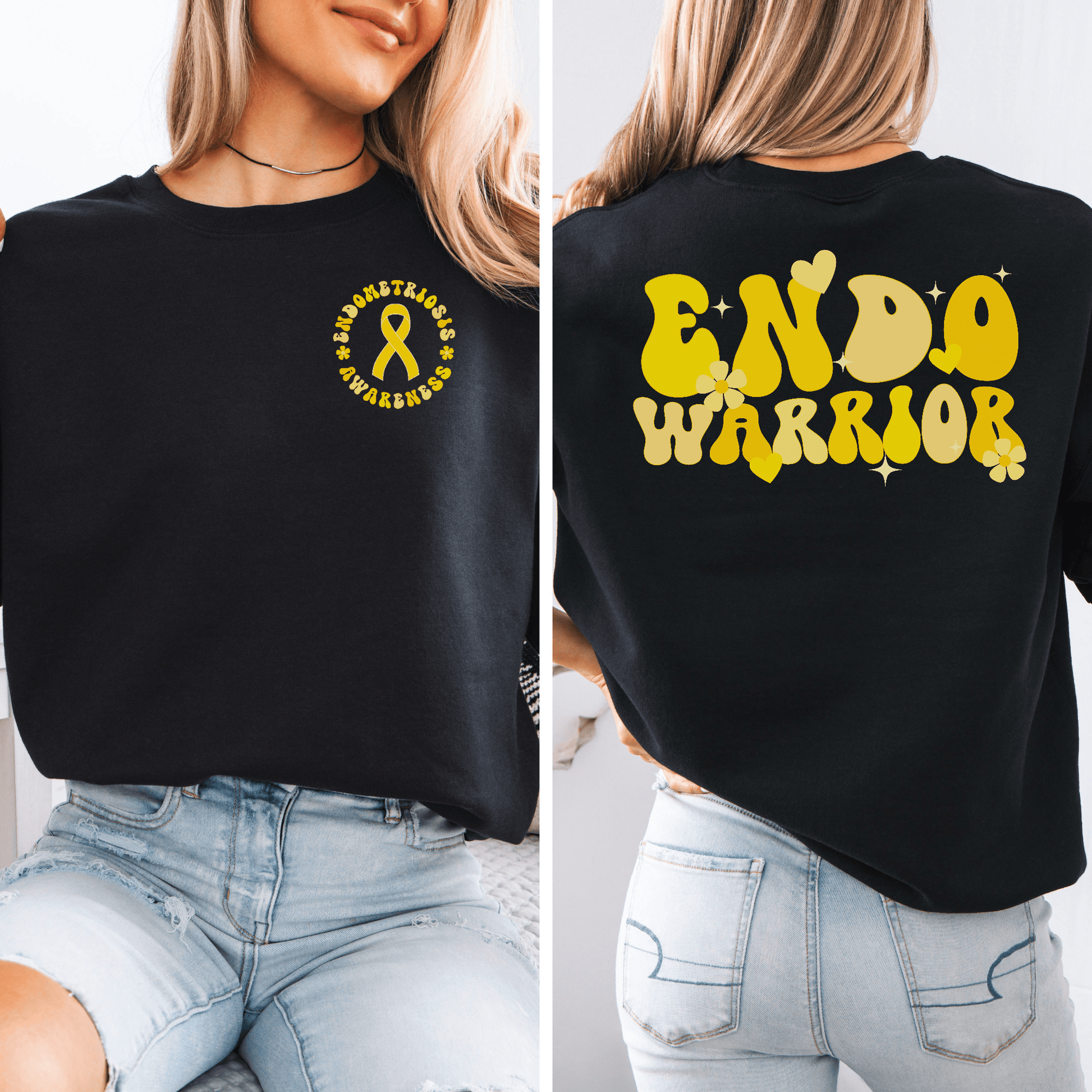 Black crewneck Endo Warrior Sweatshirt . with yellow endometriosis ribbon chest emblem and bold retro back graphic