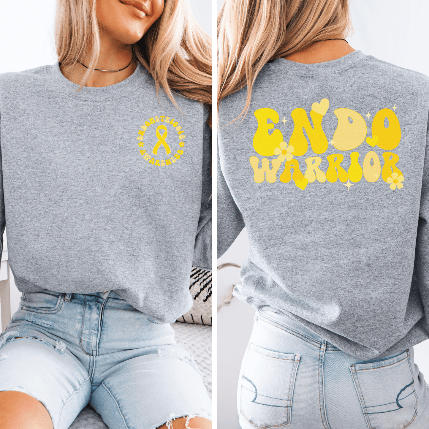 Maddy and George Designs grey crewneck with yellow awareness ribbon at front and bold back text Endo Warrior Sweatshirt .