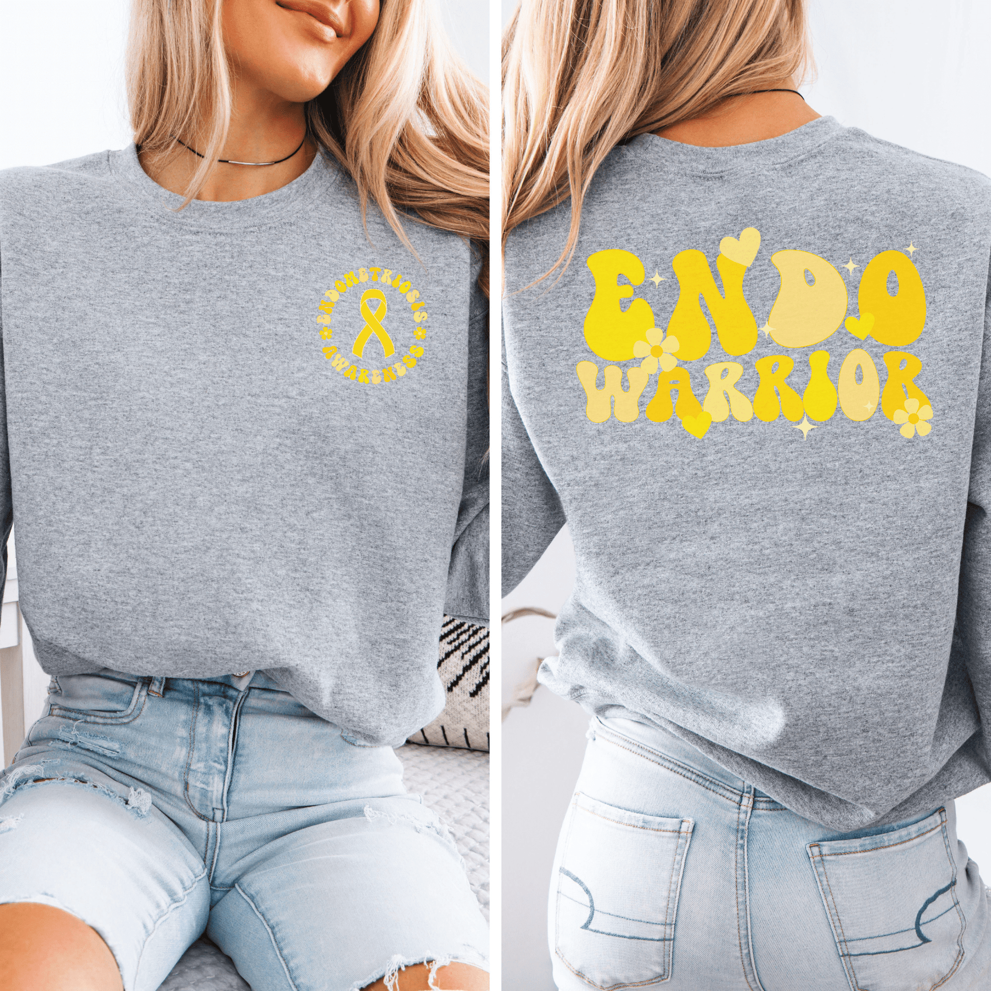 Maddy and George Designs grey crewneck with yellow awareness ribbon at front and bold back text Endo Warrior Sweatshirt .