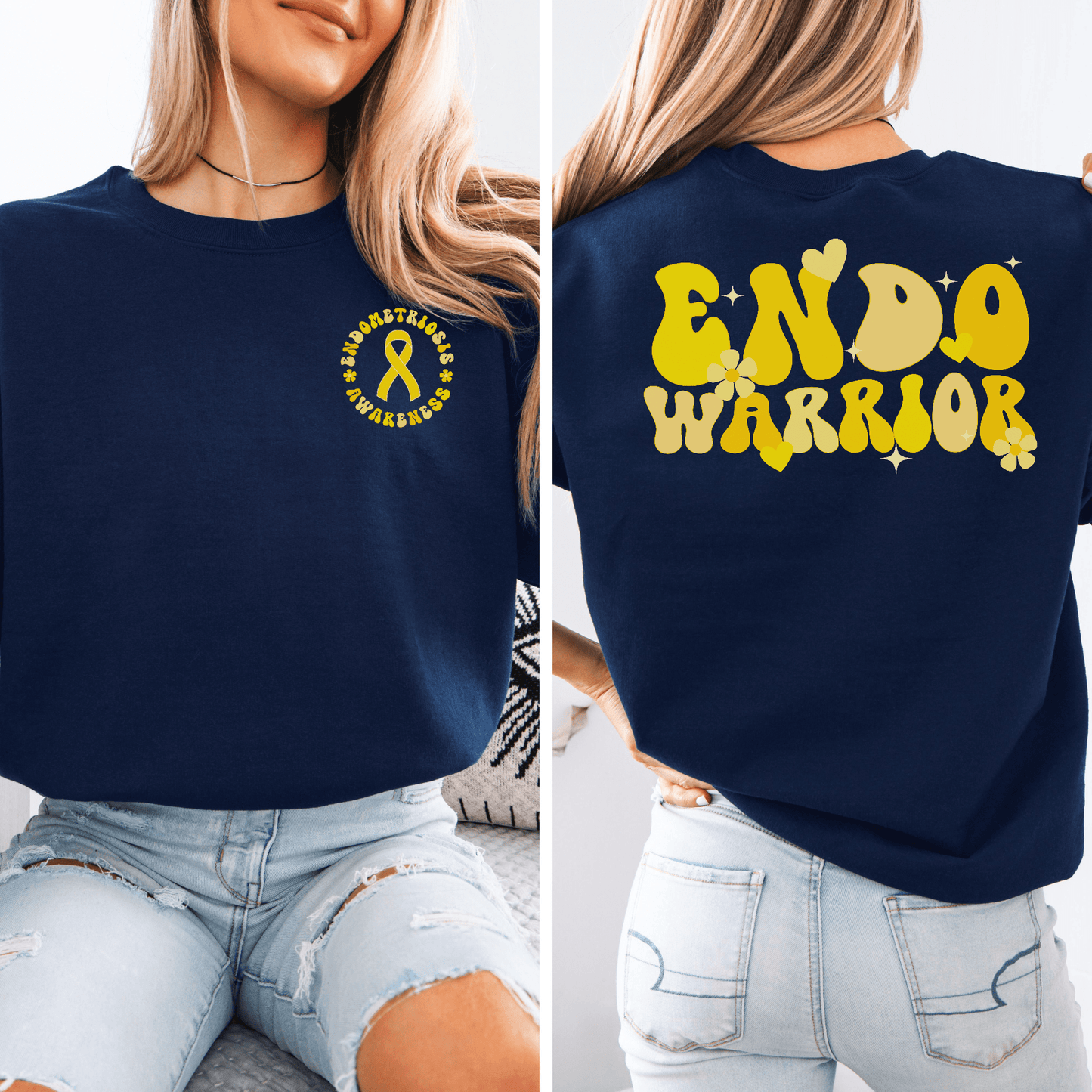 Maddy and George Designs navy sweatshirt with yellow retro Endo Warrior Sweatshirt back graphic and awareness ribbon on front