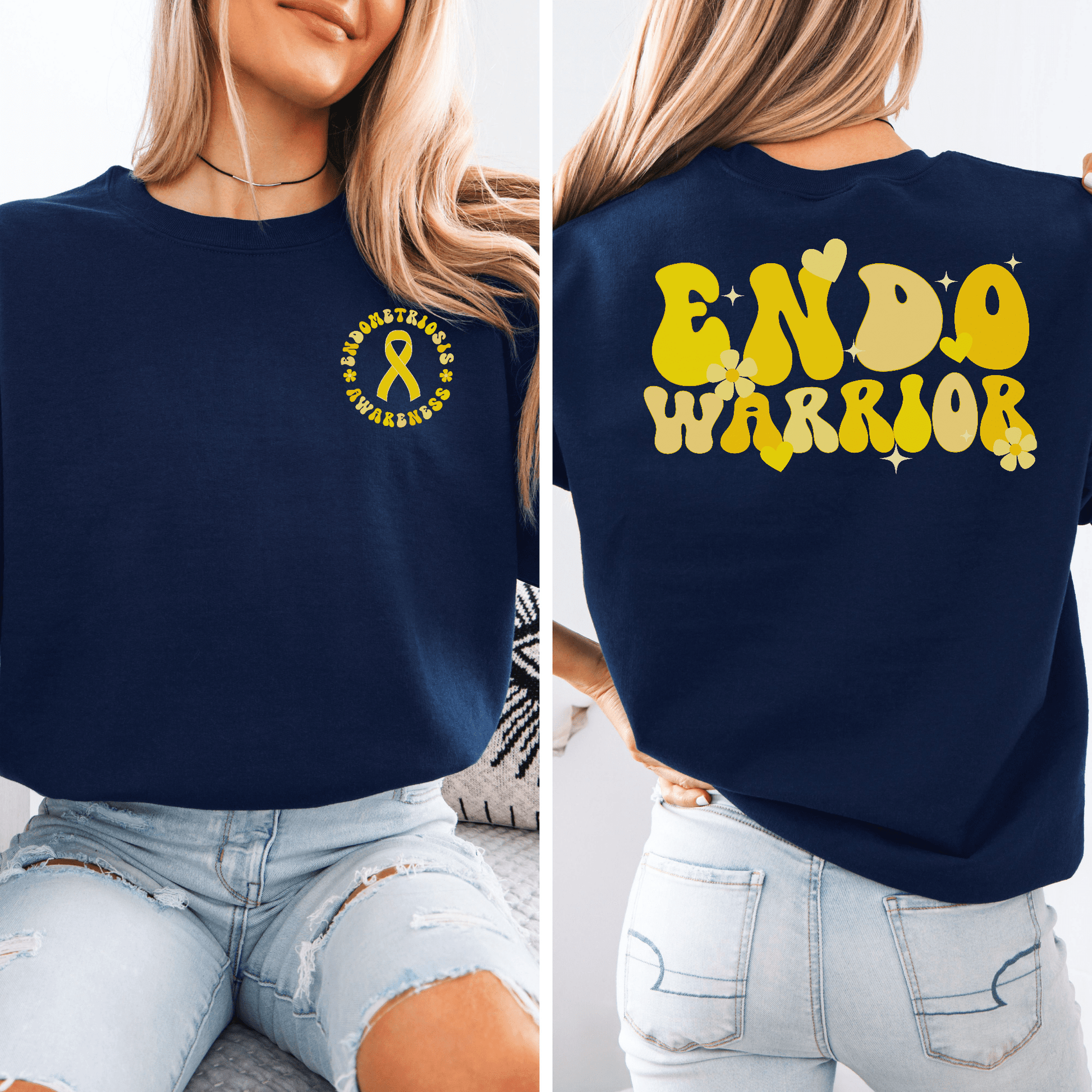 Maddy and George Designs navy sweatshirt with yellow retro Endo Warrior Sweatshirt back graphic and awareness ribbon on front