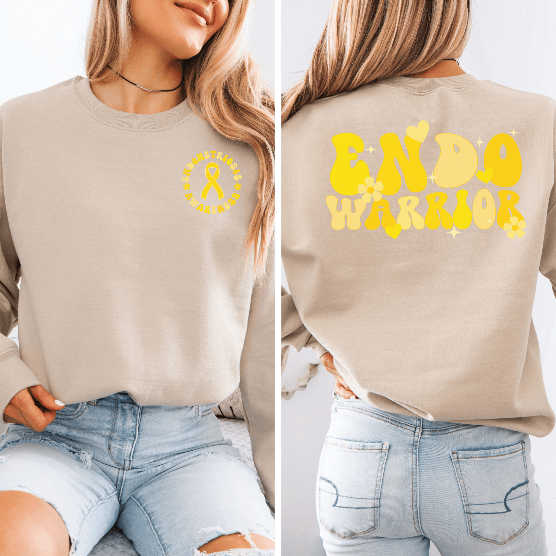 Beige women Endo Warrior Sweatshirt with small yellow ribbon chest print and large retro yellow back design